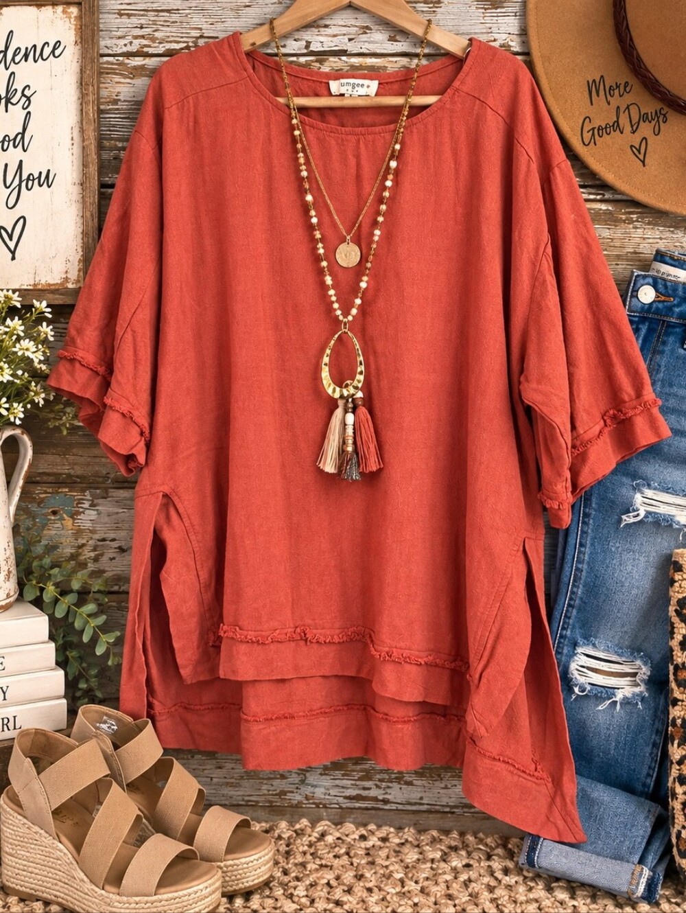 Umgee XL Rust Linen Cotton Oversized Boho Tunic Top Asymmetrical Raw Hem Lagenlo